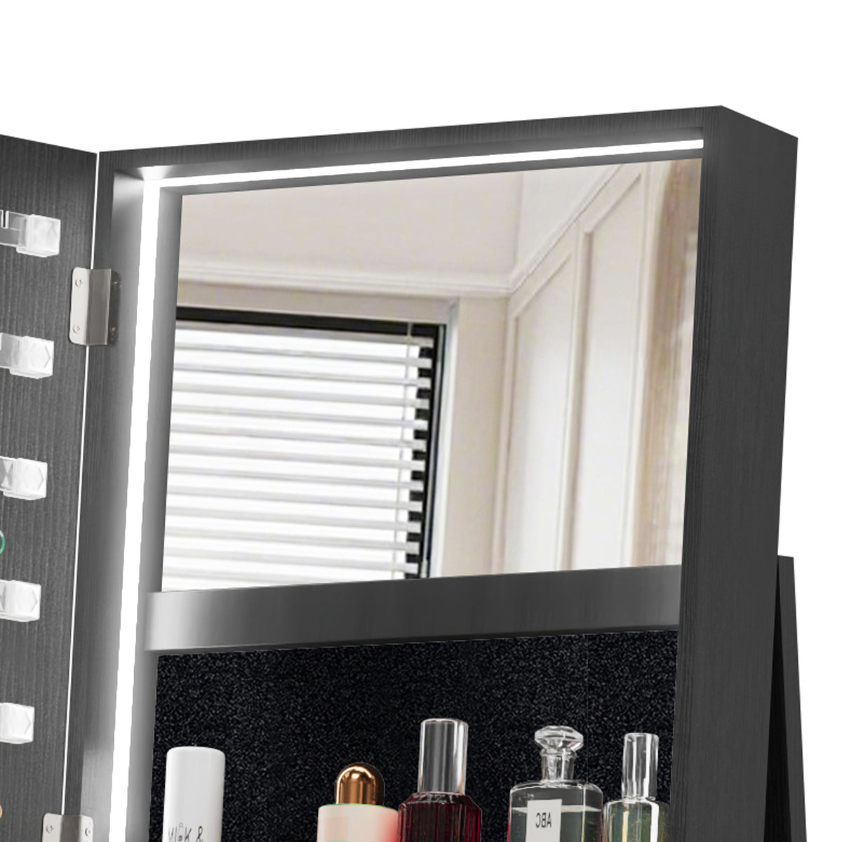 Anthony & Home Atelier 360-degree rotating jewelry cabinet with HD mirror, showing a sleek, black storage unit with multiple compartments