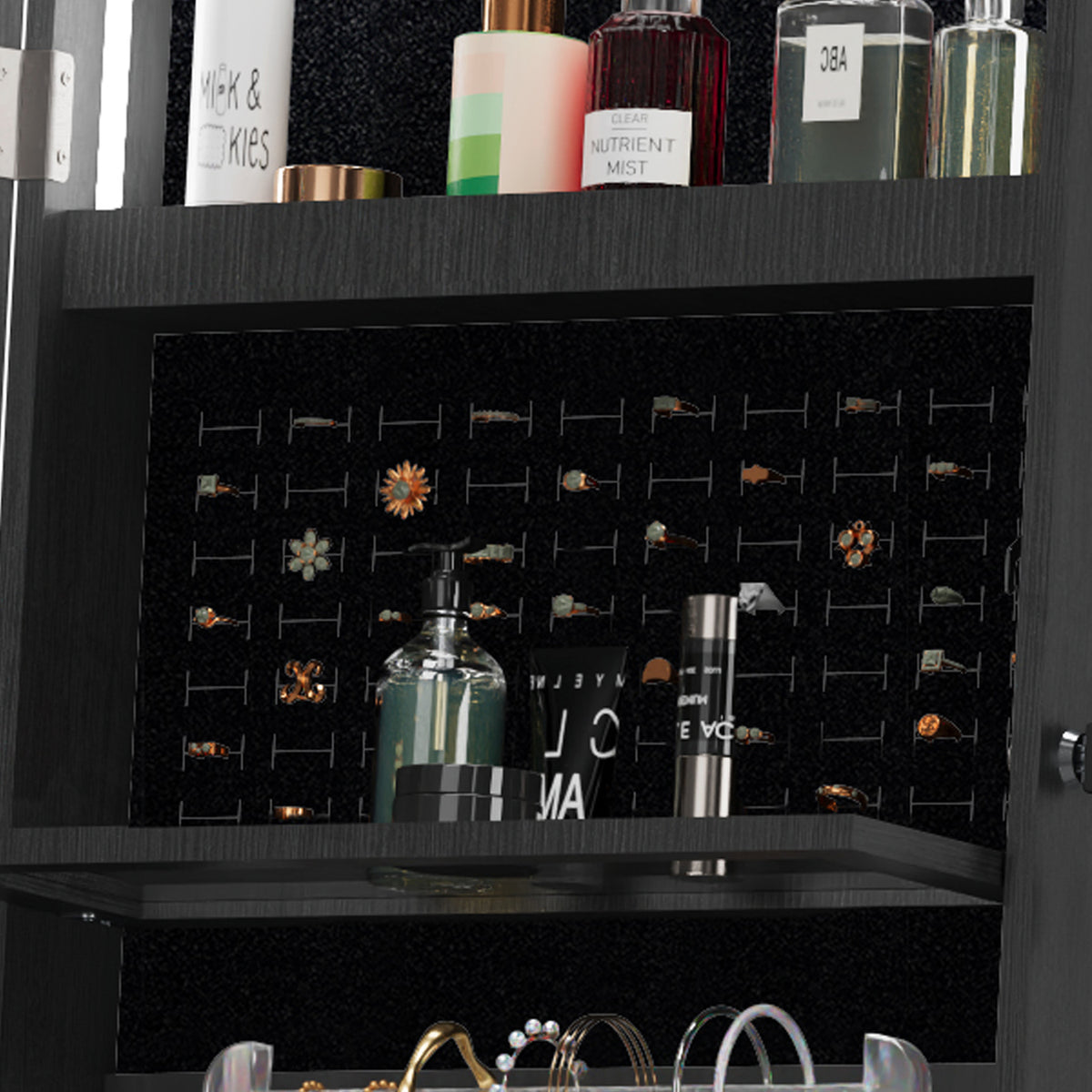 Anthony & Home Atelier 360-degree rotating jewelry cabinet with HD mirror, showcasing its elegant wooden finish and spacious interior.