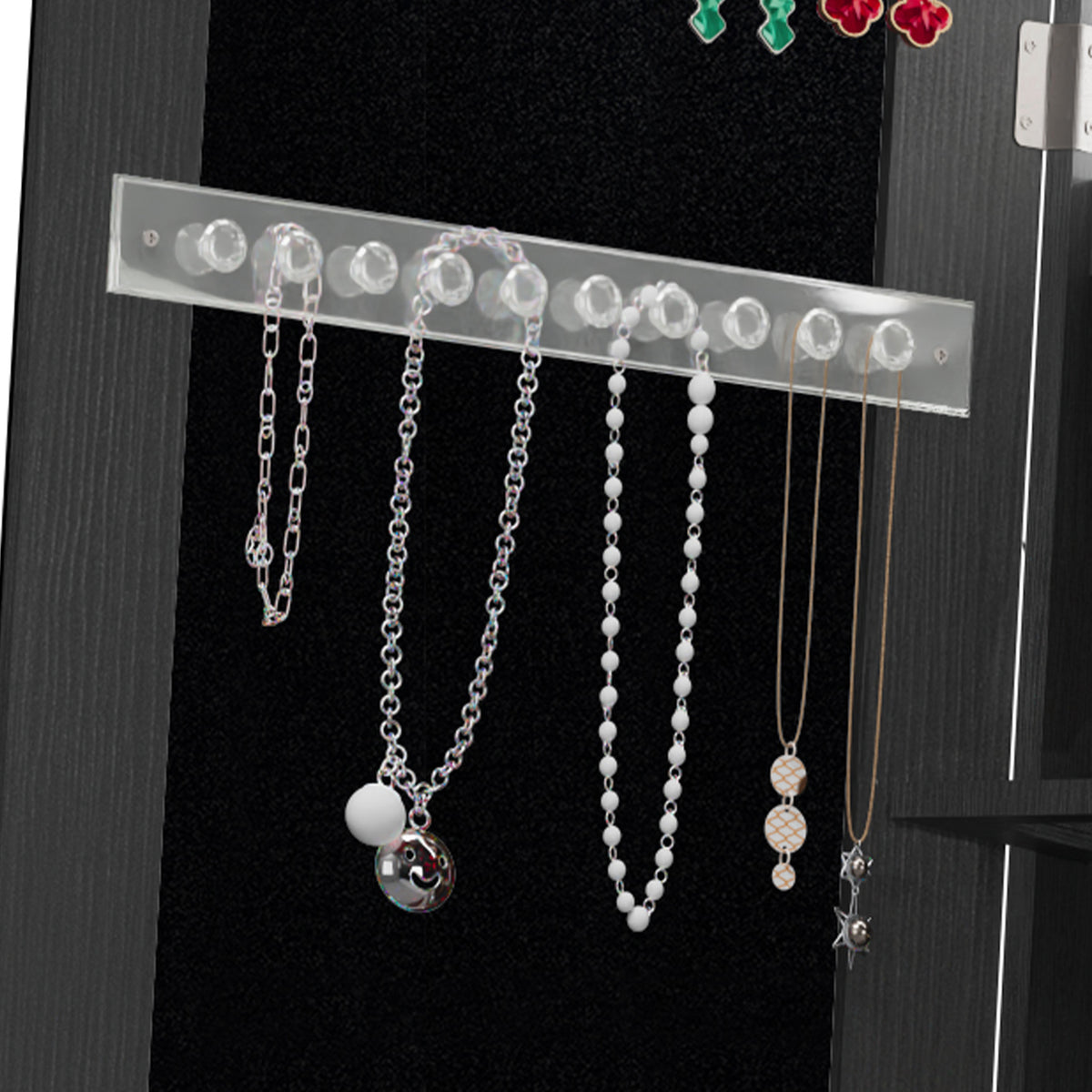 Anthony & Home Atelier 360-degree rotating jewelry cabinet with HD mirror shown in the image. Stylish storage with mirrored door.