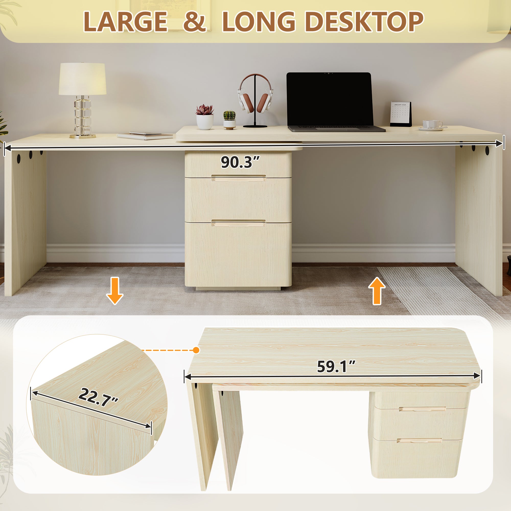 Anthony & Home Atelier 90-inch natural wood L-shaped desk with spacious work surface and elegant finish.