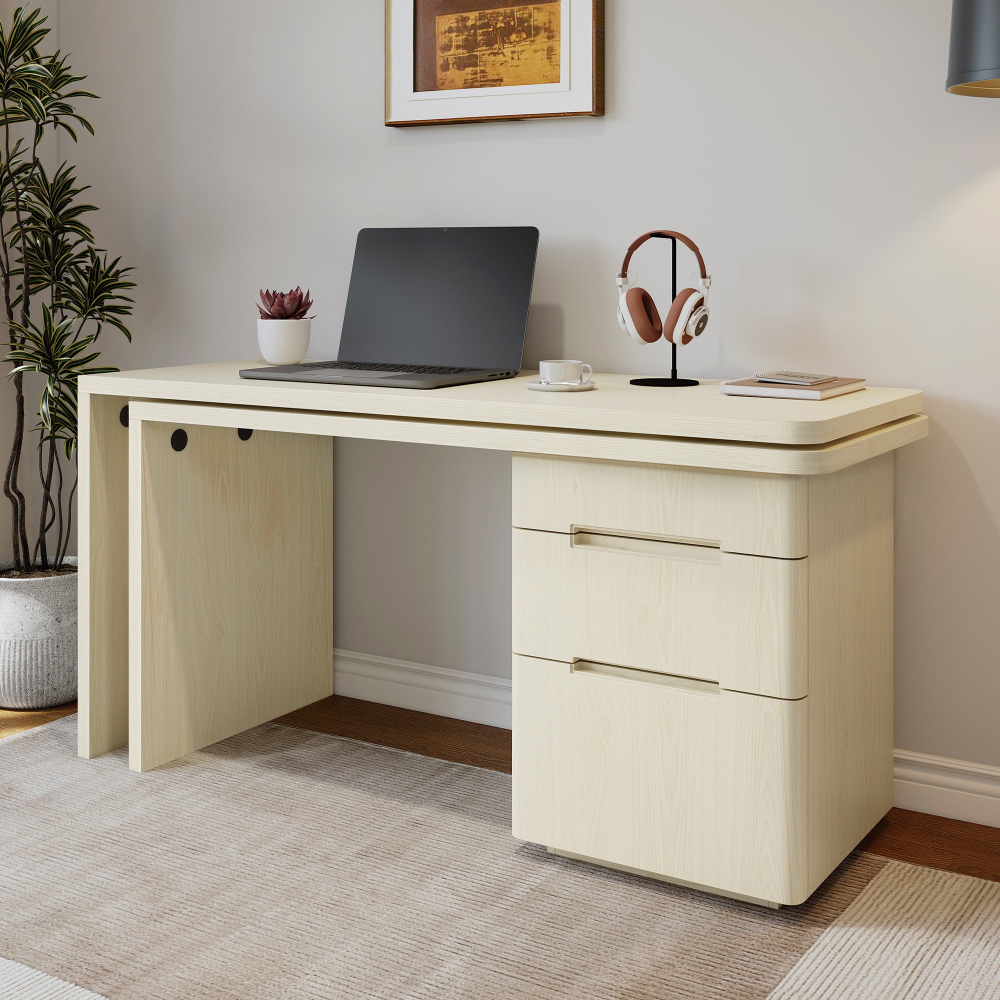 Anthony & Home Atelier 90-inch natural wood L-shaped desk with spacious workspace and modern design for home office use.