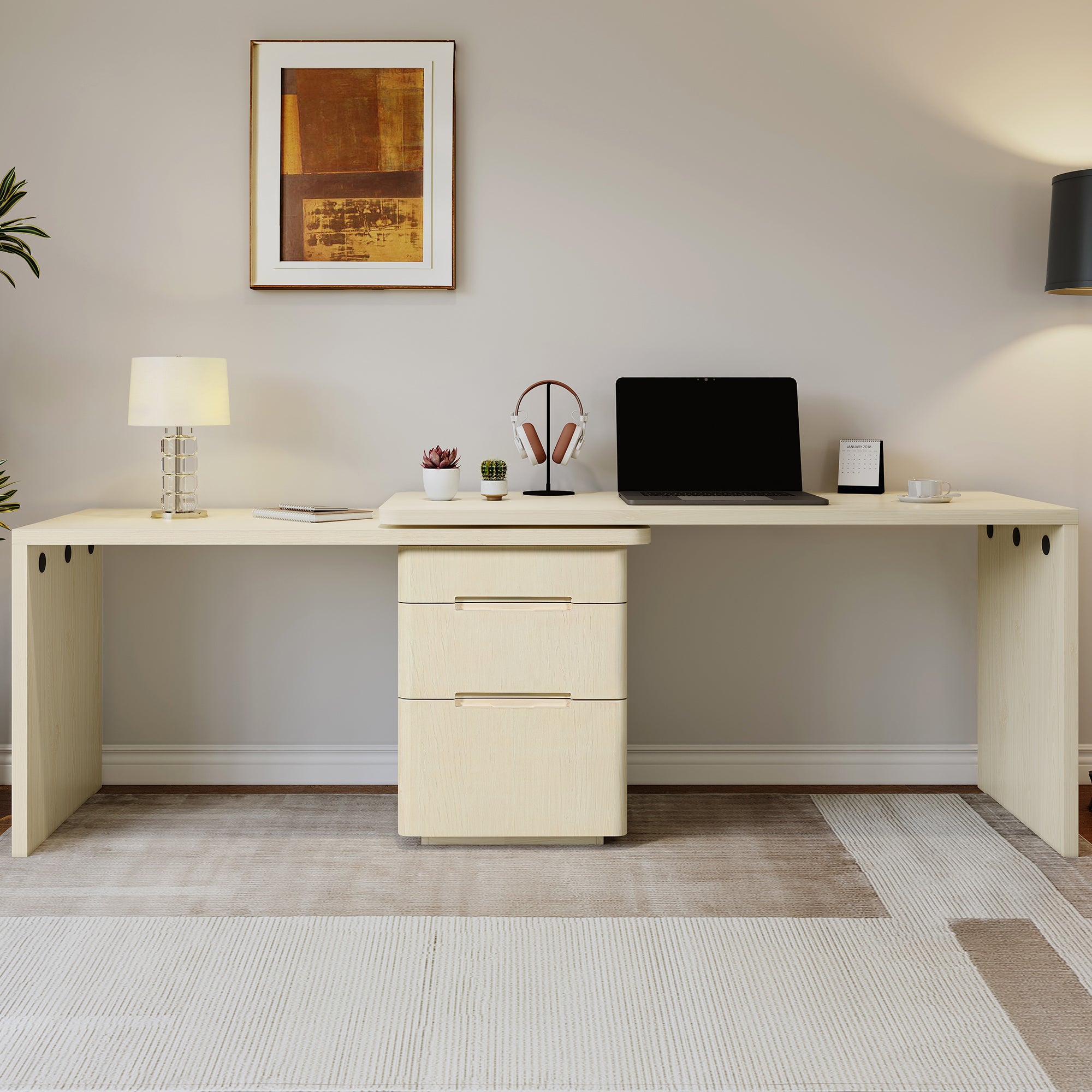 Anthony & Home Atelier 90-inch natural wood L-shaped desk with spacious workspace and smooth surface for home office use.