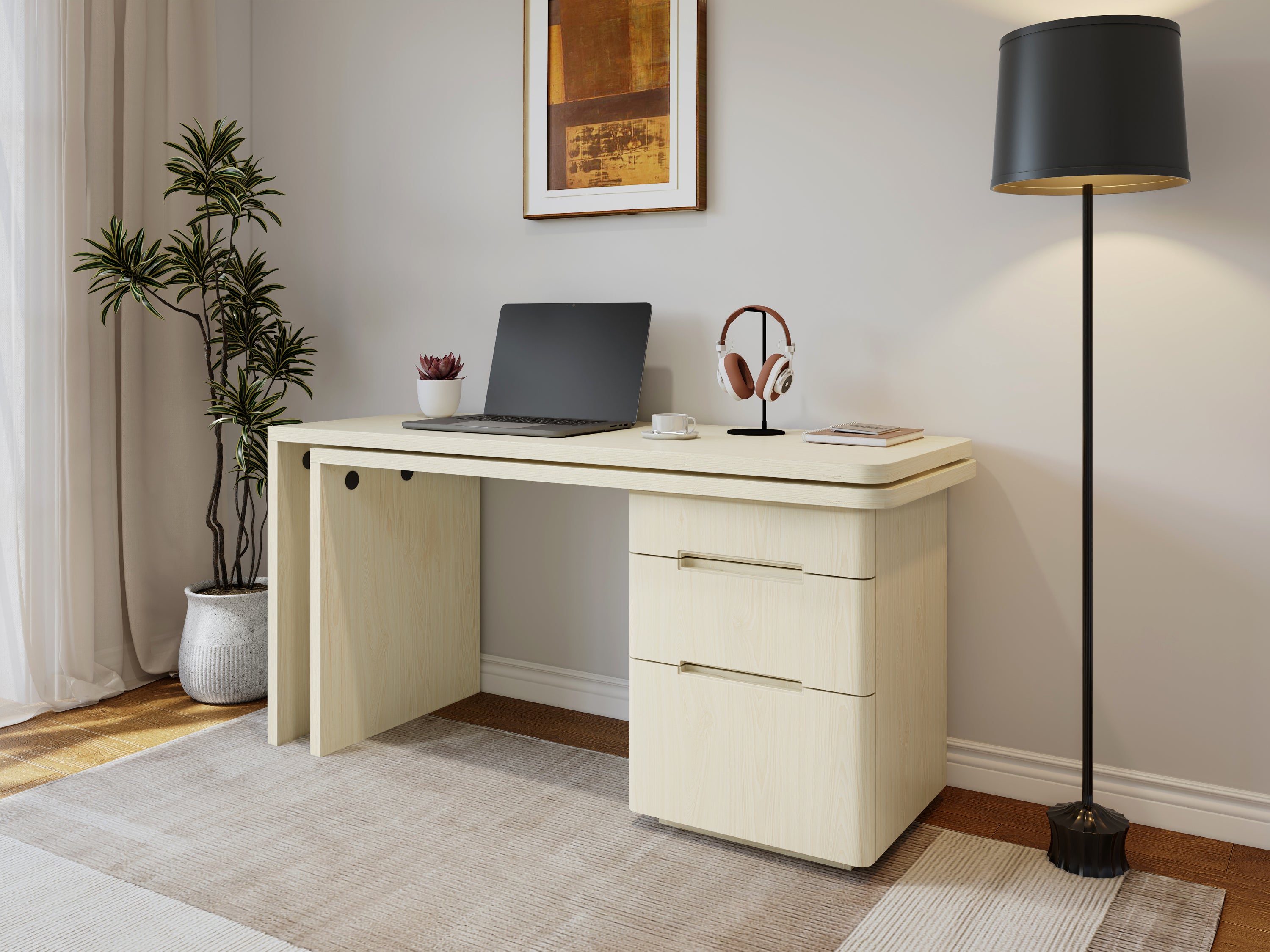 Anthony & Home Atelier 90-inch natural wood L-shaped desk showing spacious workspace and smooth wood finish.