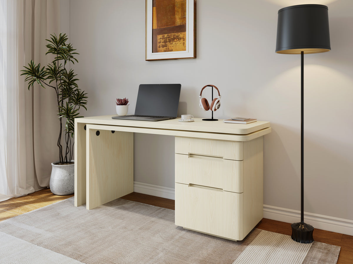 Anthony & Home Atelier 90-inch natural wood L-shaped desk showing spacious workspace and smooth wood finish.