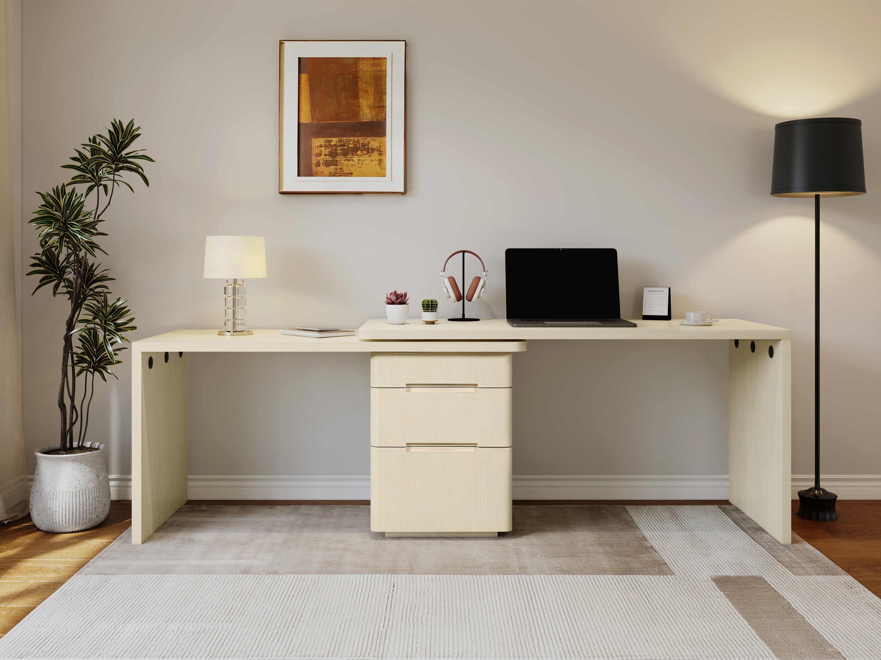 Anthony & Home Atelier 90-inch natural wood L-shaped desk with spacious workspace and smooth finish.