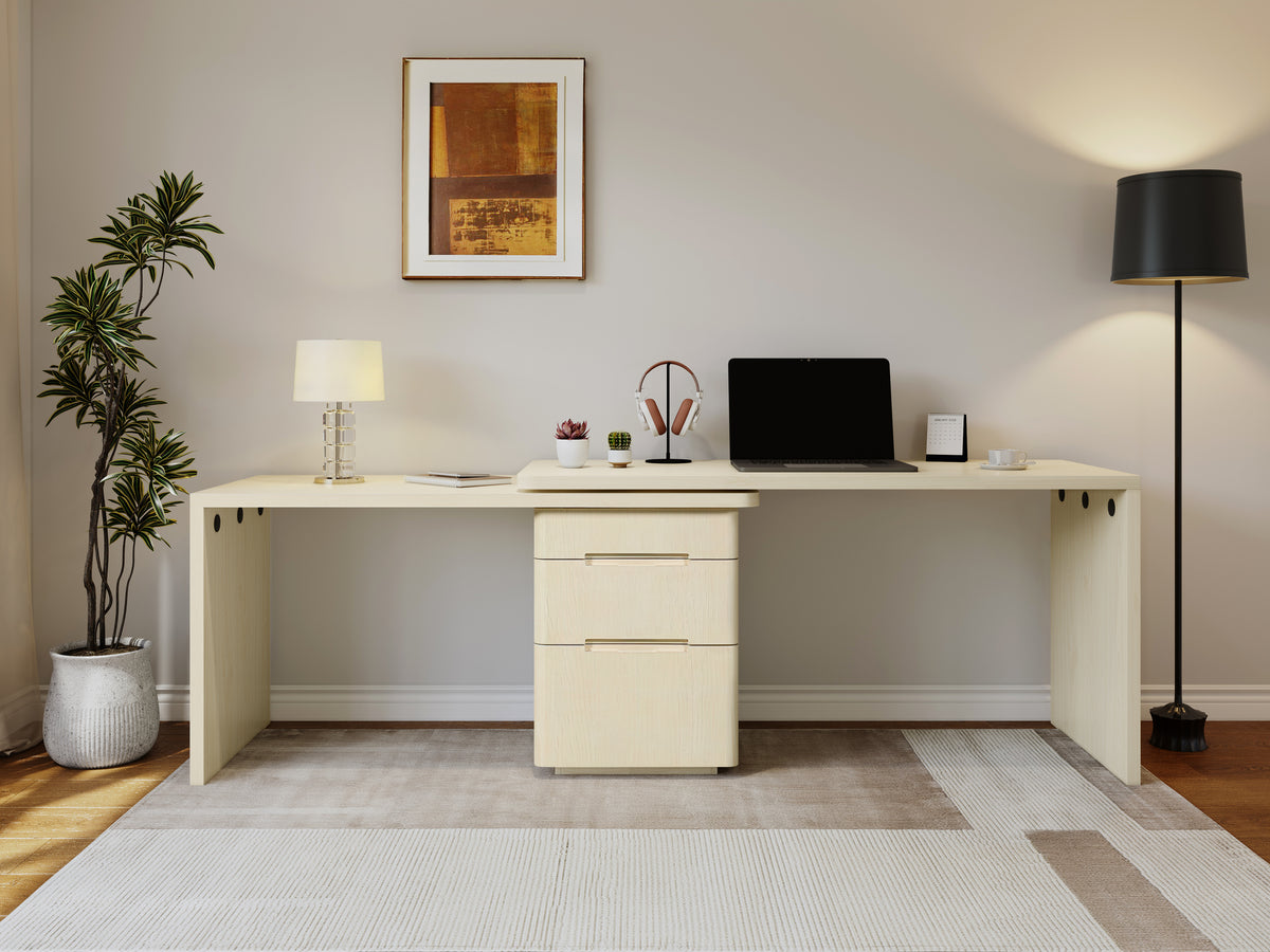 Anthony & Home Atelier 90-inch natural wood L-shaped desk with spacious workspace and smooth finish.