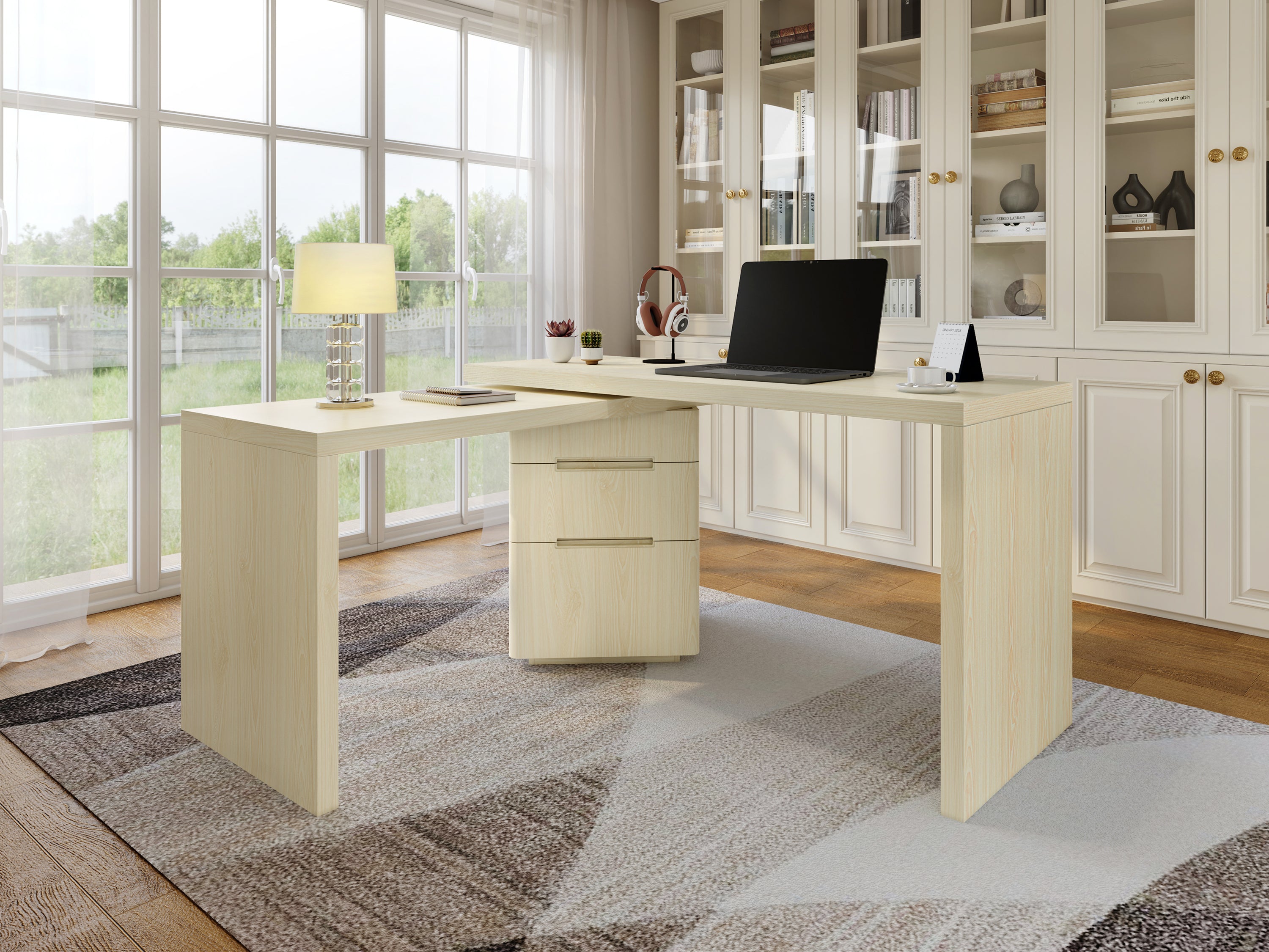 Anthony & Home Atelier 90-inch natural wood L-shaped desk with spacious workspace and modern design.