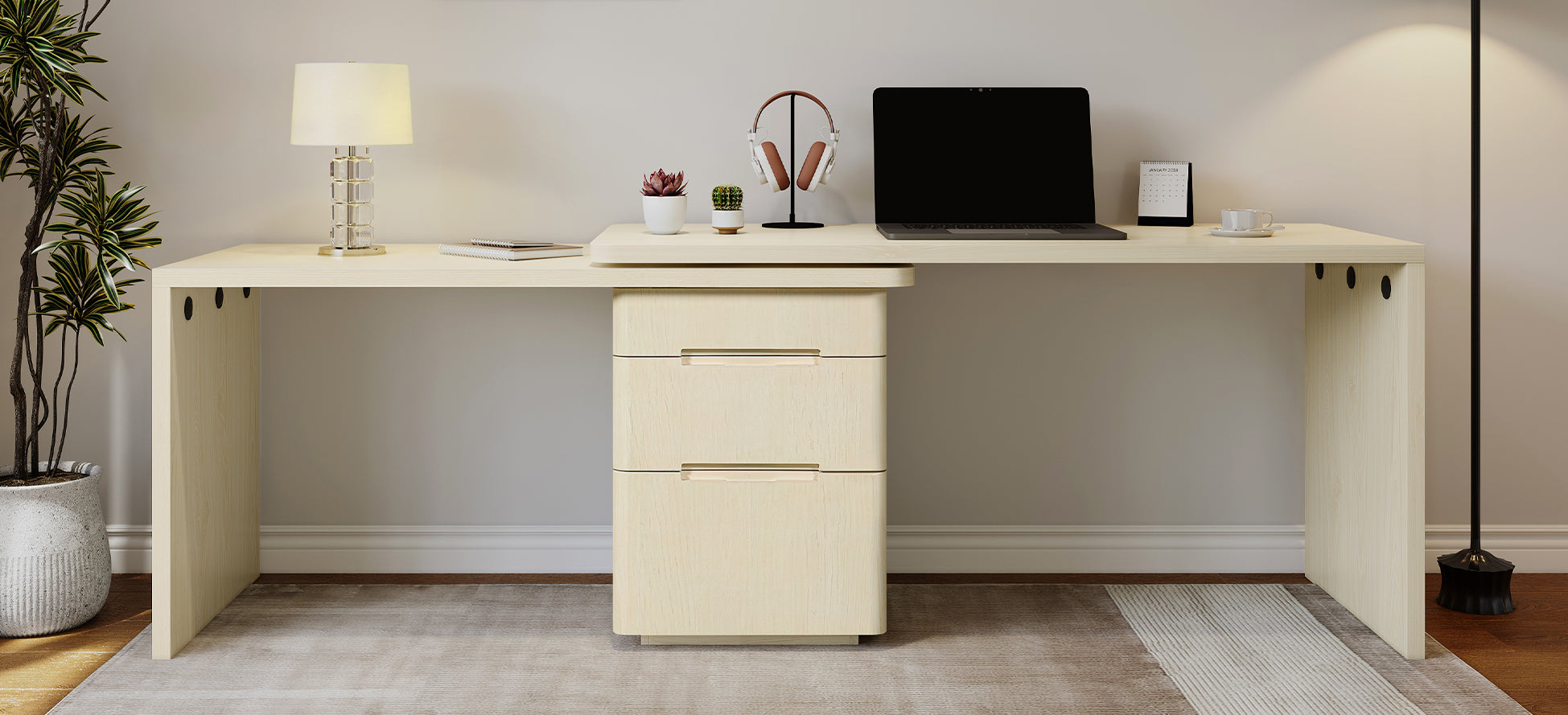 Anthony & Home 90-inch natural wood L-shaped desk with spacious workspace and sturdy construction for home office setup.