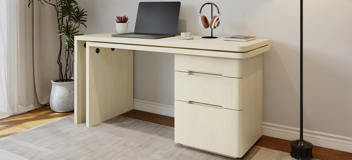 Anthony & Home Atelier 90-inch natural wood L-shaped desk with spacious workspace and modern design.