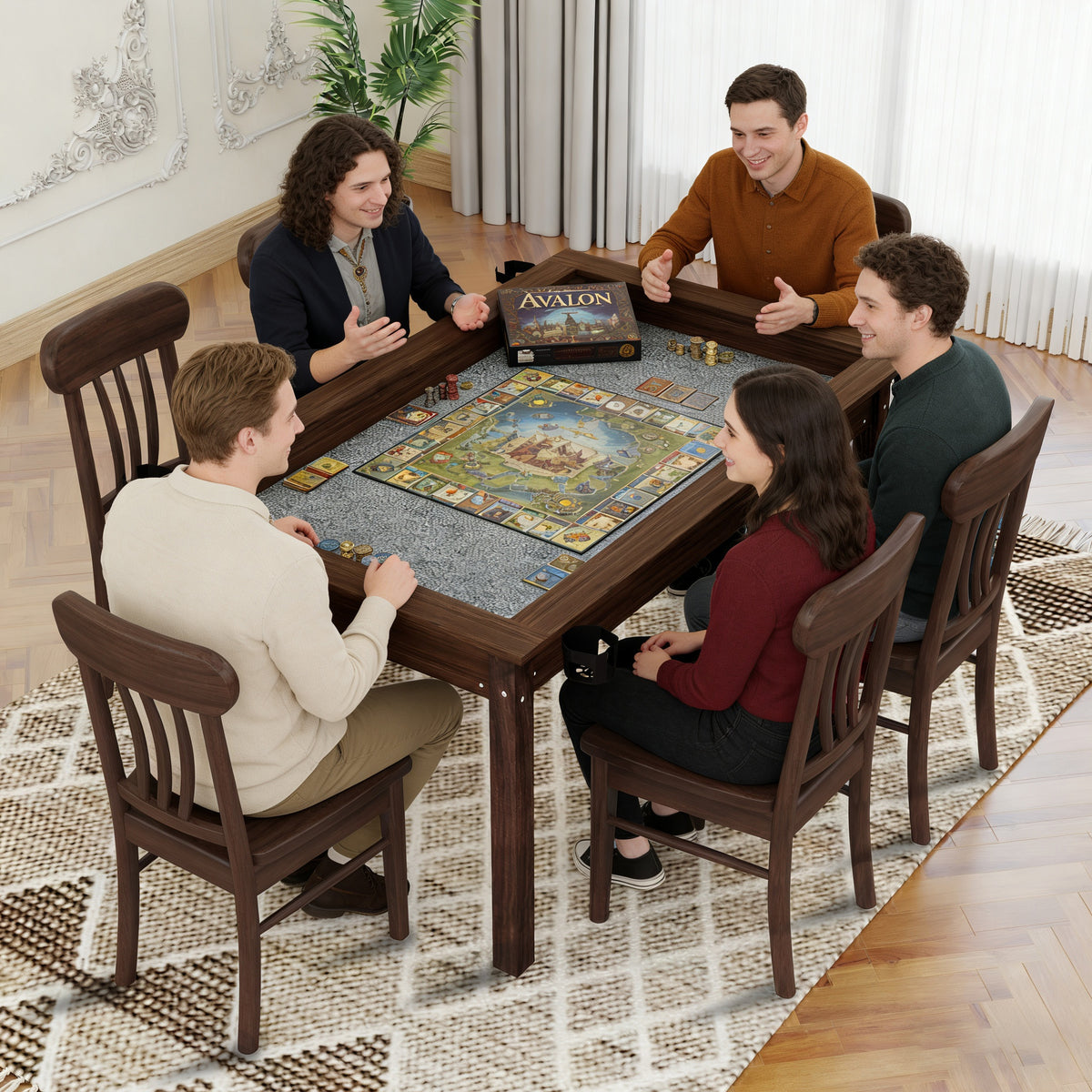 Anthony & Home Atelier Board Game Table with wooden surface and built-in storage, ideal for family game nights and gatherings.