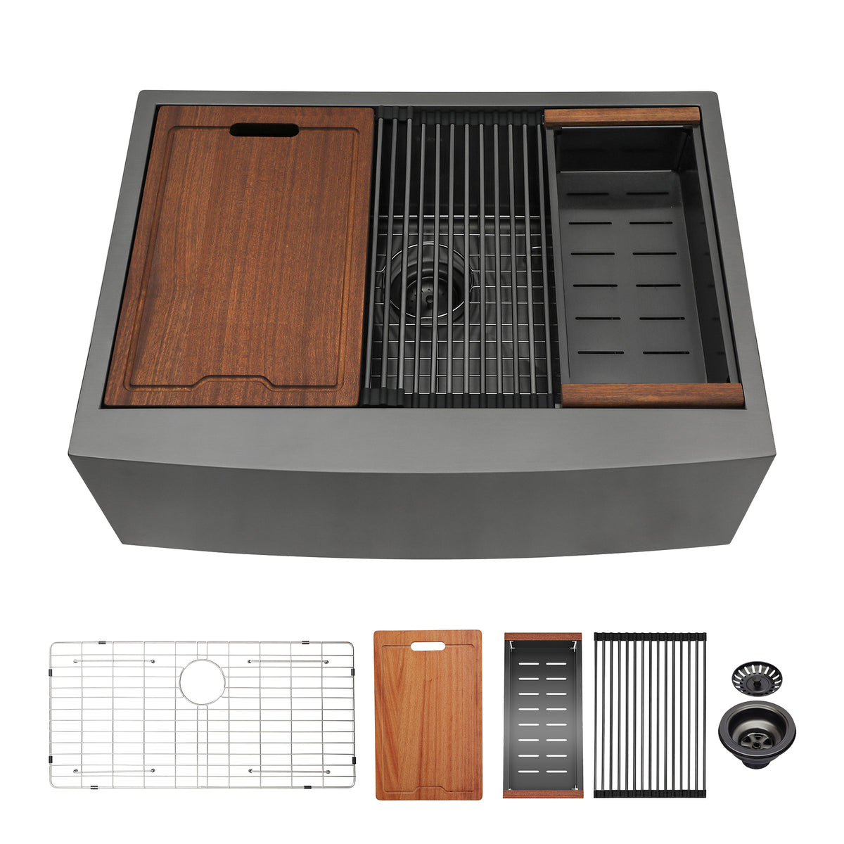 Anthony & Home farmhouse apron front sink with brushed stainless steel finish, single bowl, workstation design, kitchen fixture.