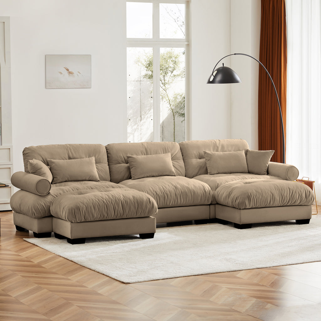 Anthony & Home Atelier Camel Velvet U-Shape Modular Sectional sofa with plush velvet cushions and modern design.