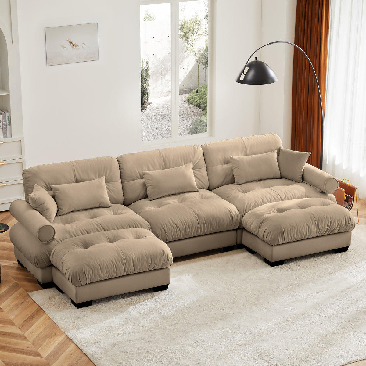 Anthony & Home Atelier Camel Velvet U-Shape Modular Sectional sofa with plush cushions and sleek design in a living room setting.