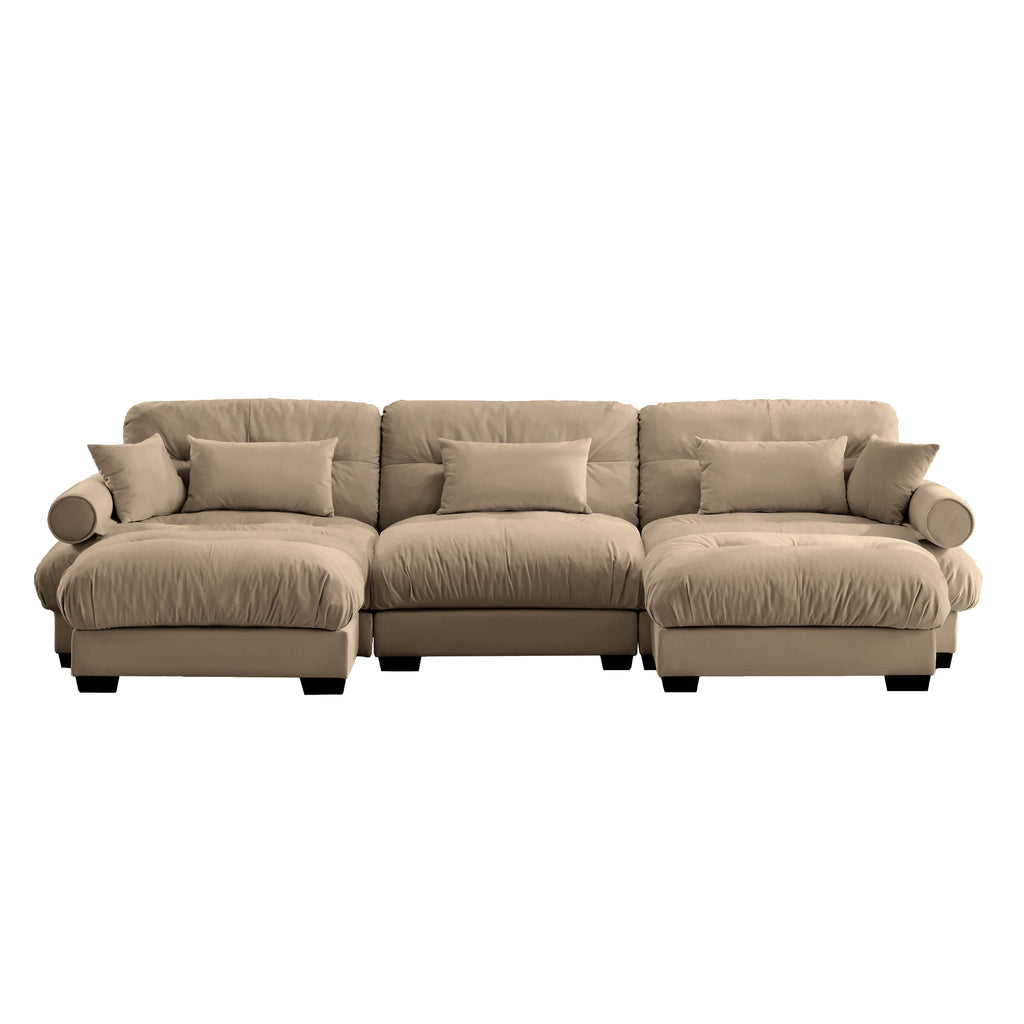 Anthony & Home Atelier Camel Velvet U-Shape Modular Sectional sofa with plush velvet upholstery and multiple sections in a modern living room setting.
