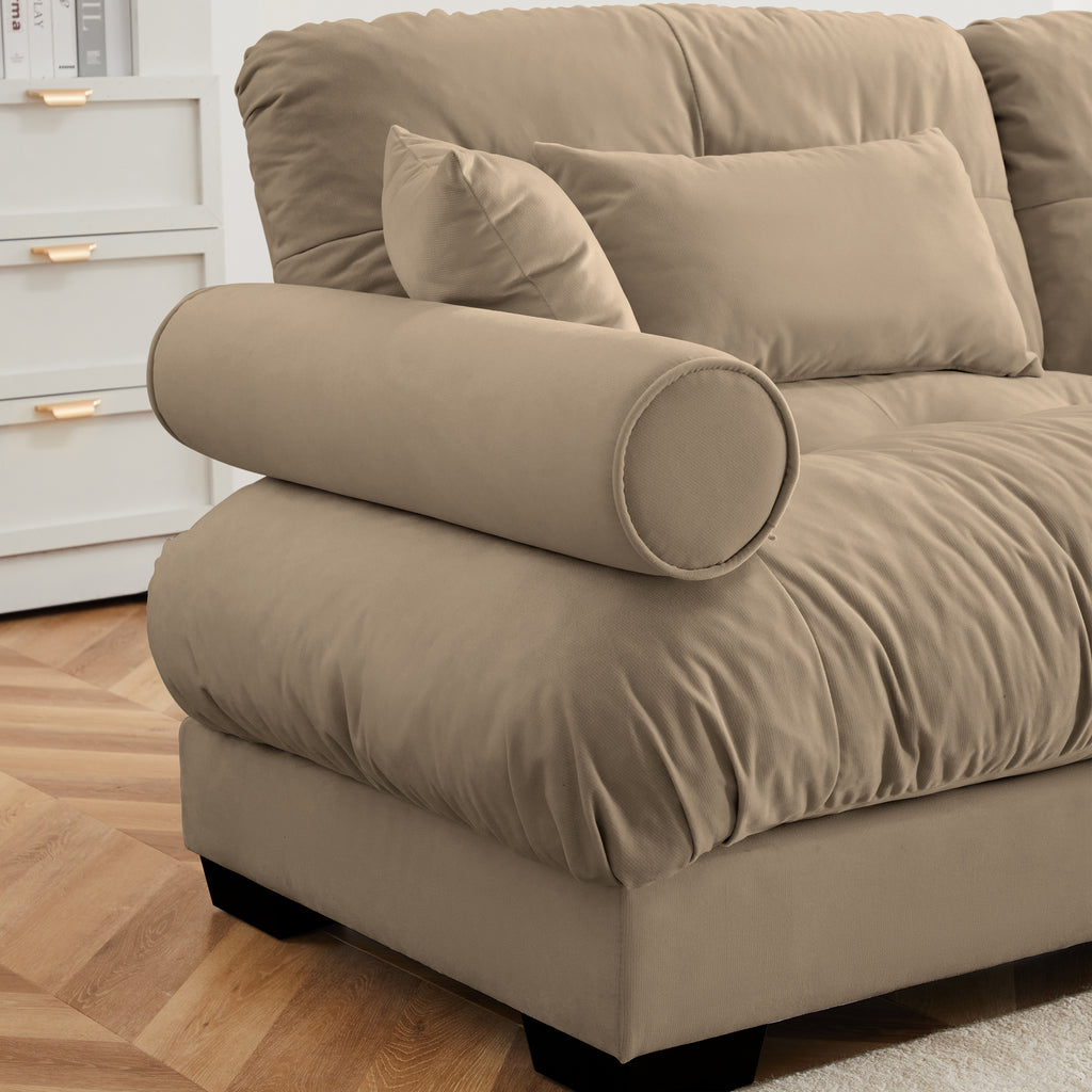 Anthony & Home Atelier Camel Velvet U-Shape Modular Sectional sofa with plush cushions and sleek design in a modern living room setting.