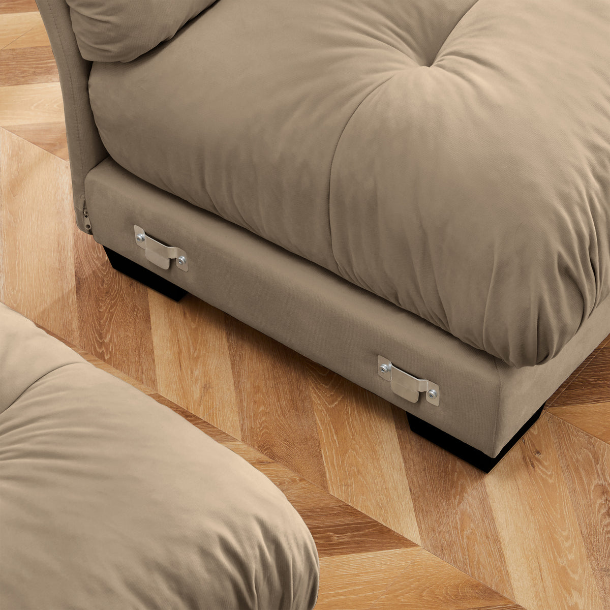 Anthony & Home Atelier Camel Velvet U-Shape Modular Sectional sofa with plush velvet cushions and modern design.