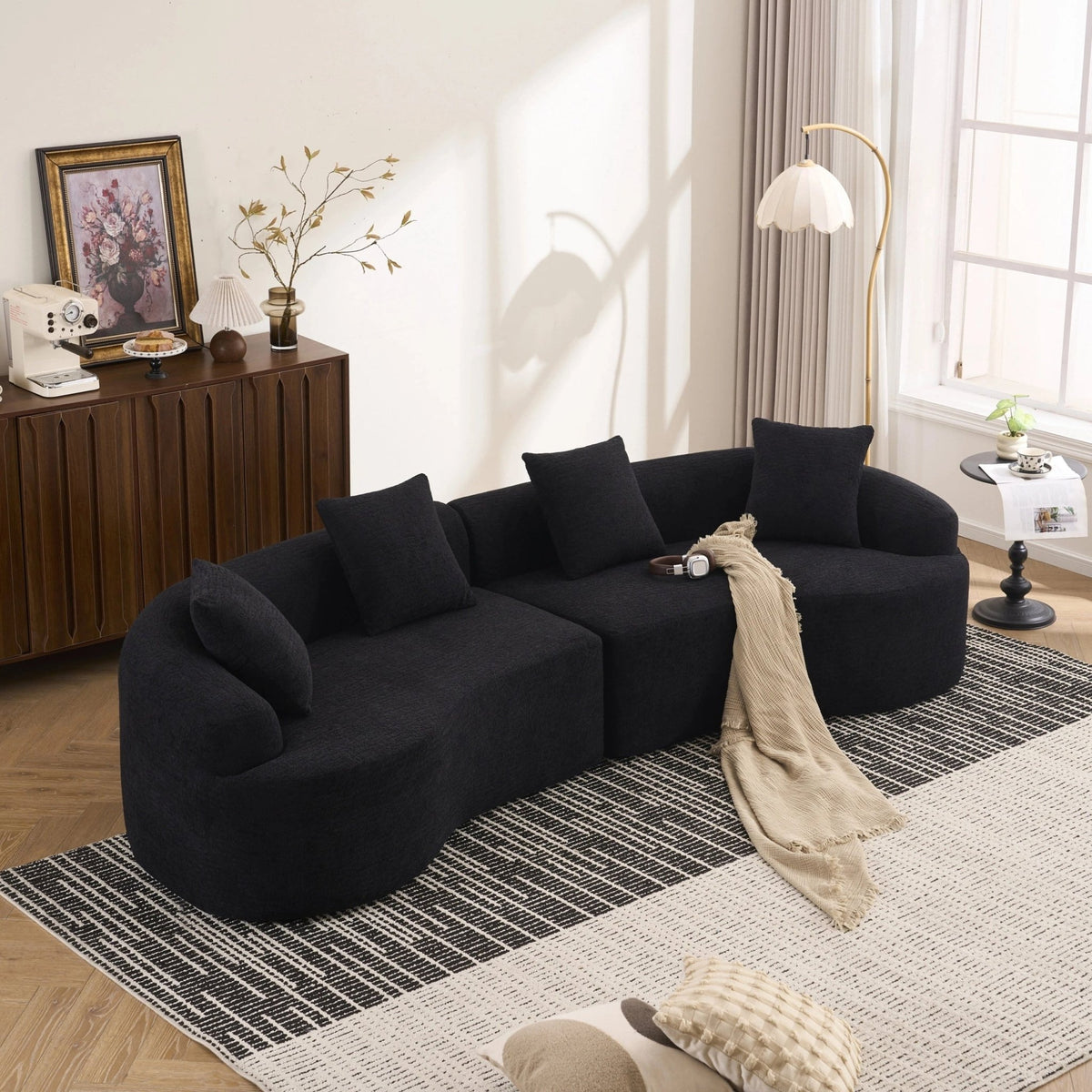 Anthony & Home Atelier Chenille Collection curved modular sectional sofa with soft chenille fabric and modern design.