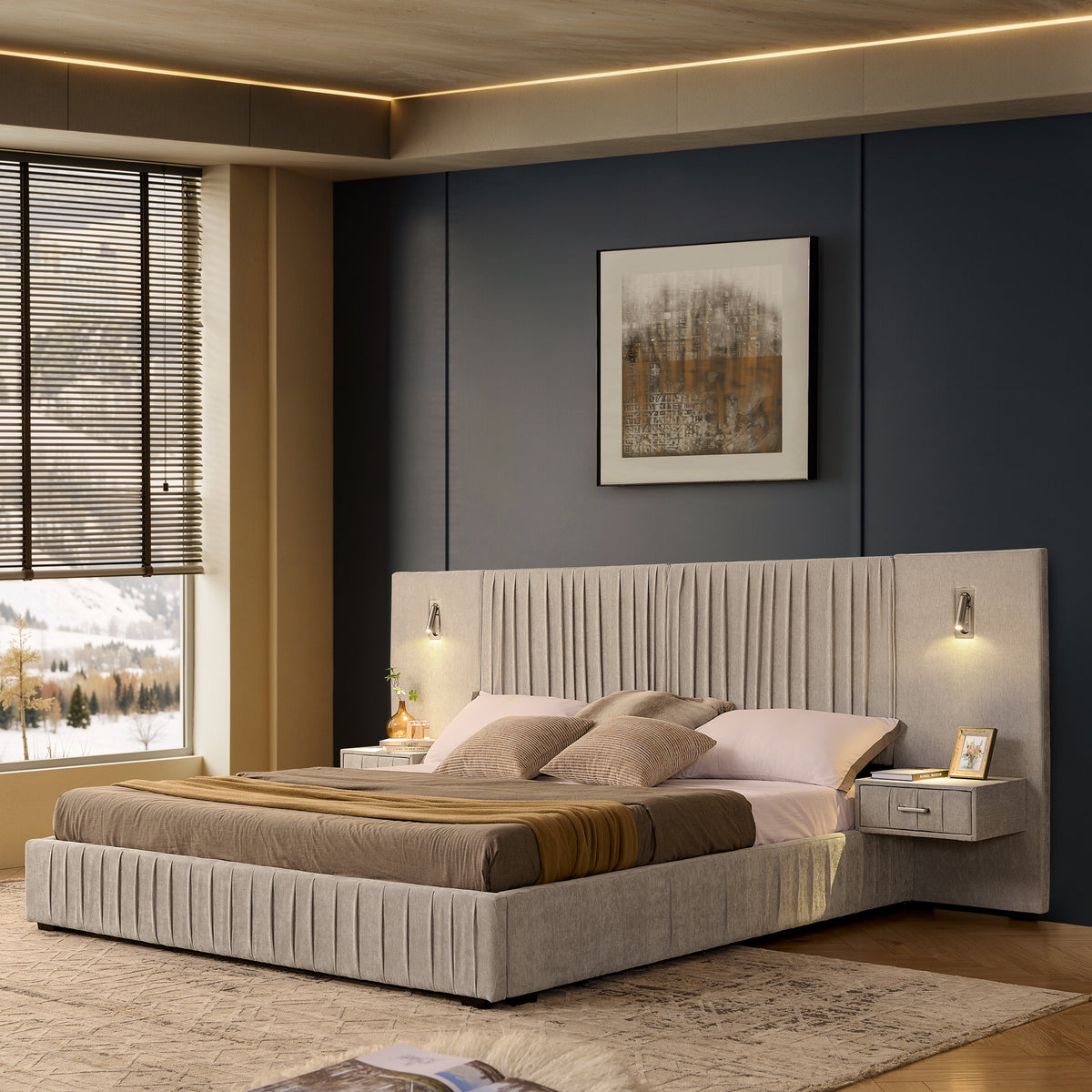 Beige Atelier Chenille Luxe King Upholstered Bed with pleated headboard by Anthony & Home, showcasing soft fabric and elegant design.