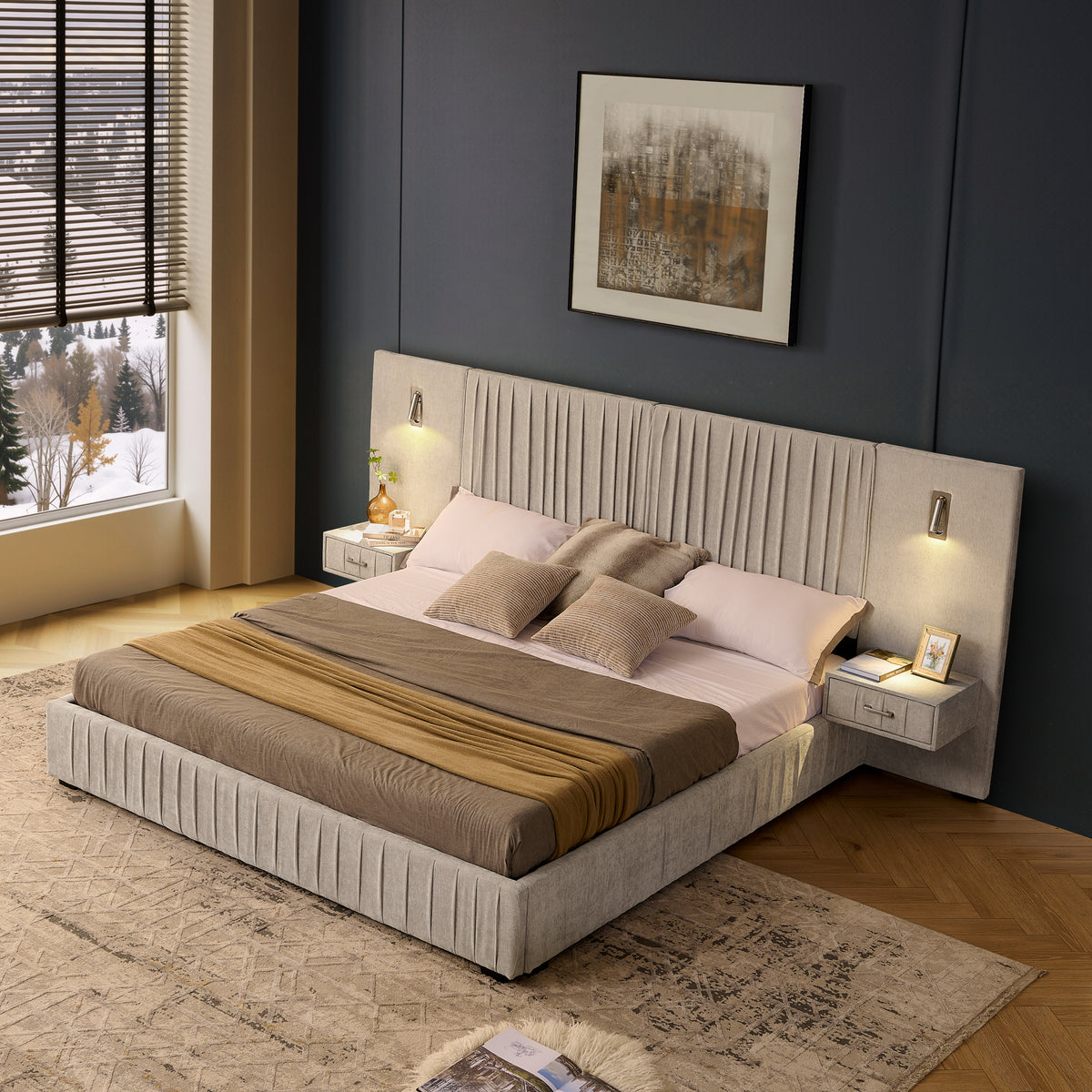 Beige Atelier Chenille Luxe King upholstered bed with pleated headboard from Anthony & Home Signature Collection
