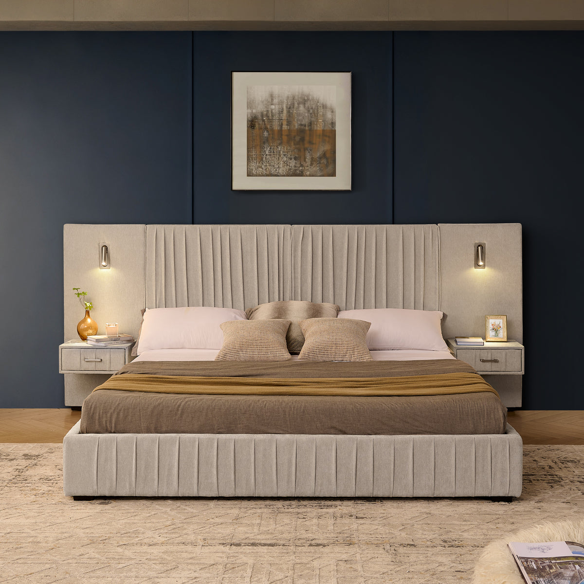 Beige Atelier Chenille Luxe King Upholstered Bed with pleated headboard by Anthony & Home from the Signature Collection.