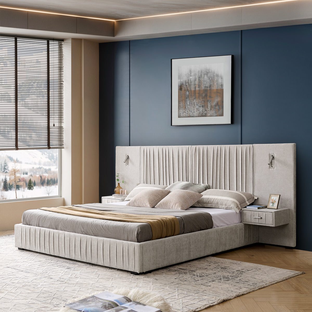 Anthony & Home Atelier Chenille Luxe king upholstered bed with beige pleated headboard from the Signature Collection.