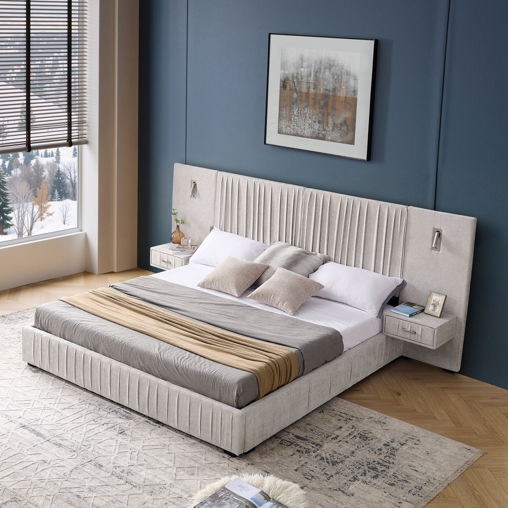 Anthony & Home Atelier Chenille Luxe King Upholstered Bed with beige pleated headboard, showcasing elegant fabric and plush design.