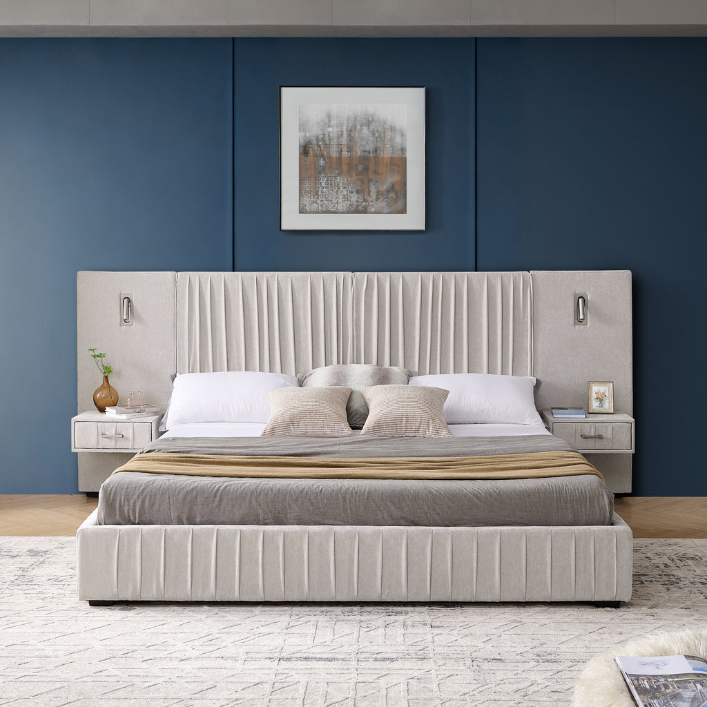 Anthony & Home Atelier Chenille Luxe King Upholstered Bed with beige pleated headboard, signature collection, elegant and plush bedroom furniture