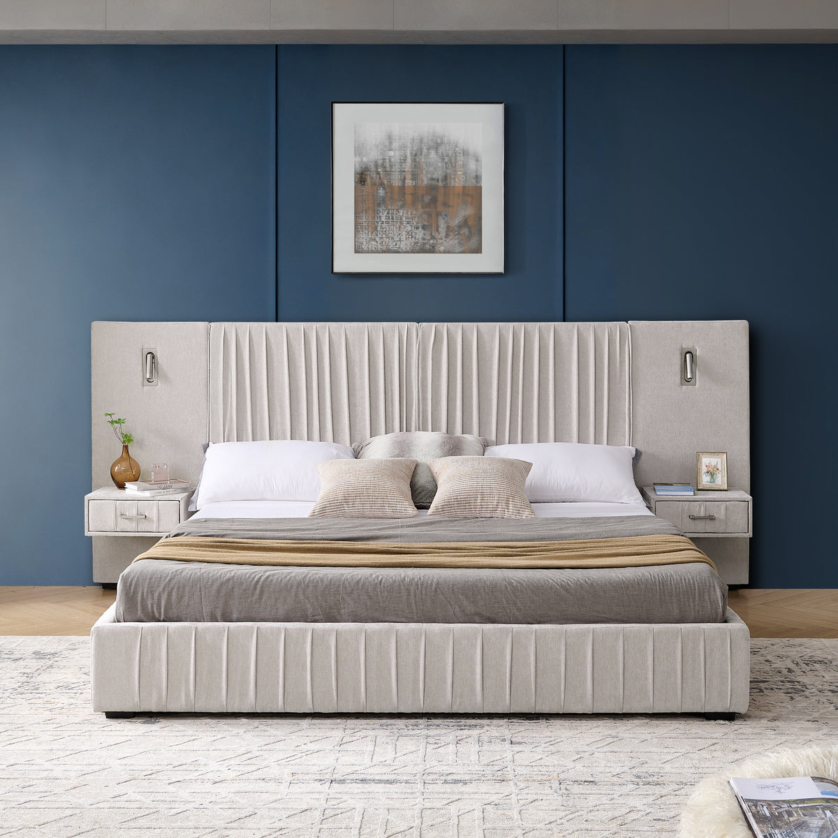 Anthony & Home Atelier Chenille Luxe King Upholstered Bed with beige pleated headboard, signature collection, elegant and plush bedroom furniture