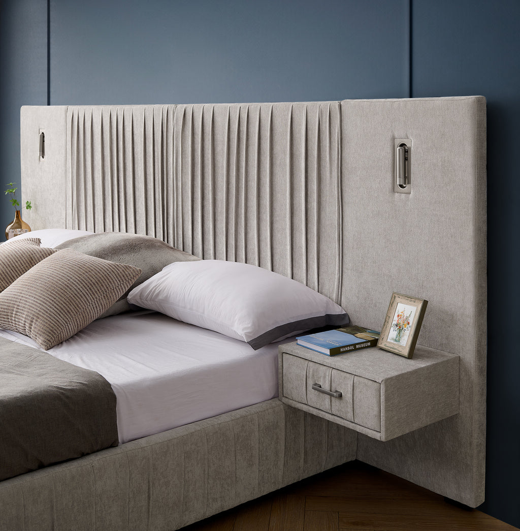 Beige Atelier Chenille Luxe King Upholstered Bed with pleated headboard from Anthony & Home Signature Collection, featuring elegant fabric details.