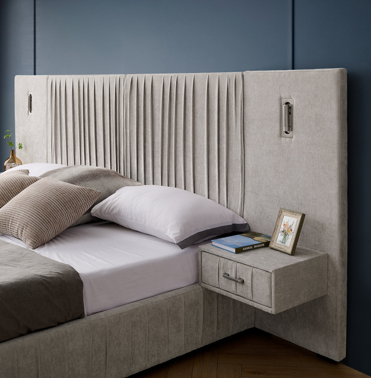 Beige Atelier Chenille Luxe King Upholstered Bed with pleated headboard from Anthony & Home Signature Collection, featuring elegant fabric details.