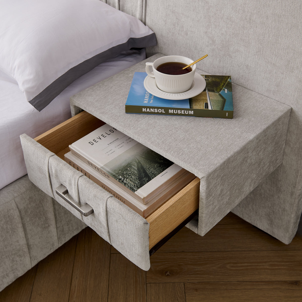 Beige Atelier Chenille Luxe king upholstered bed with pleated headboard from Anthony & Home Signature Collection.