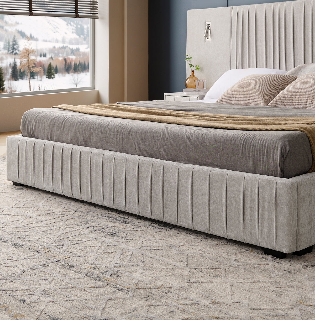 Beige Atelier Chenille Luxe King upholstered bed with pleated headboard from Anthony & Home Signature Collection