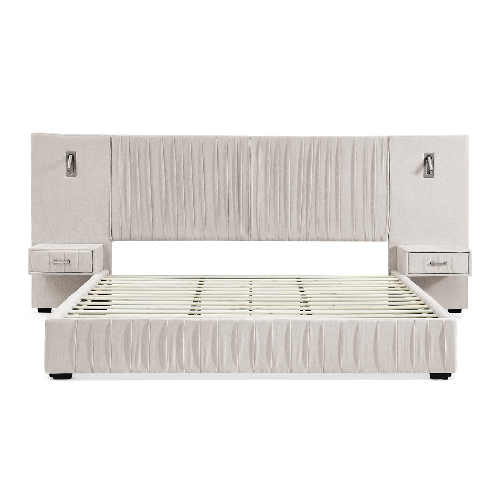 Beige Atelier Chenille Luxe King upholstered bed with pleated headboard by Anthony & Home, showcasing soft fabric and elegant design.