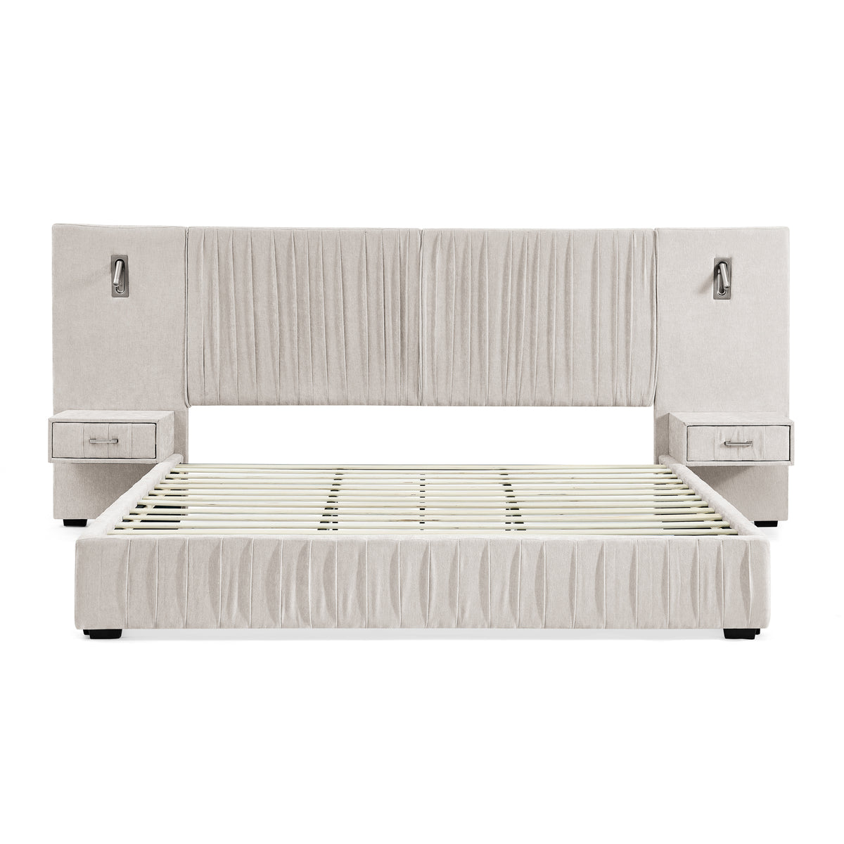 Beige Atelier Chenille Luxe King upholstered bed with pleated headboard by Anthony & Home, showcasing soft fabric and elegant design.
