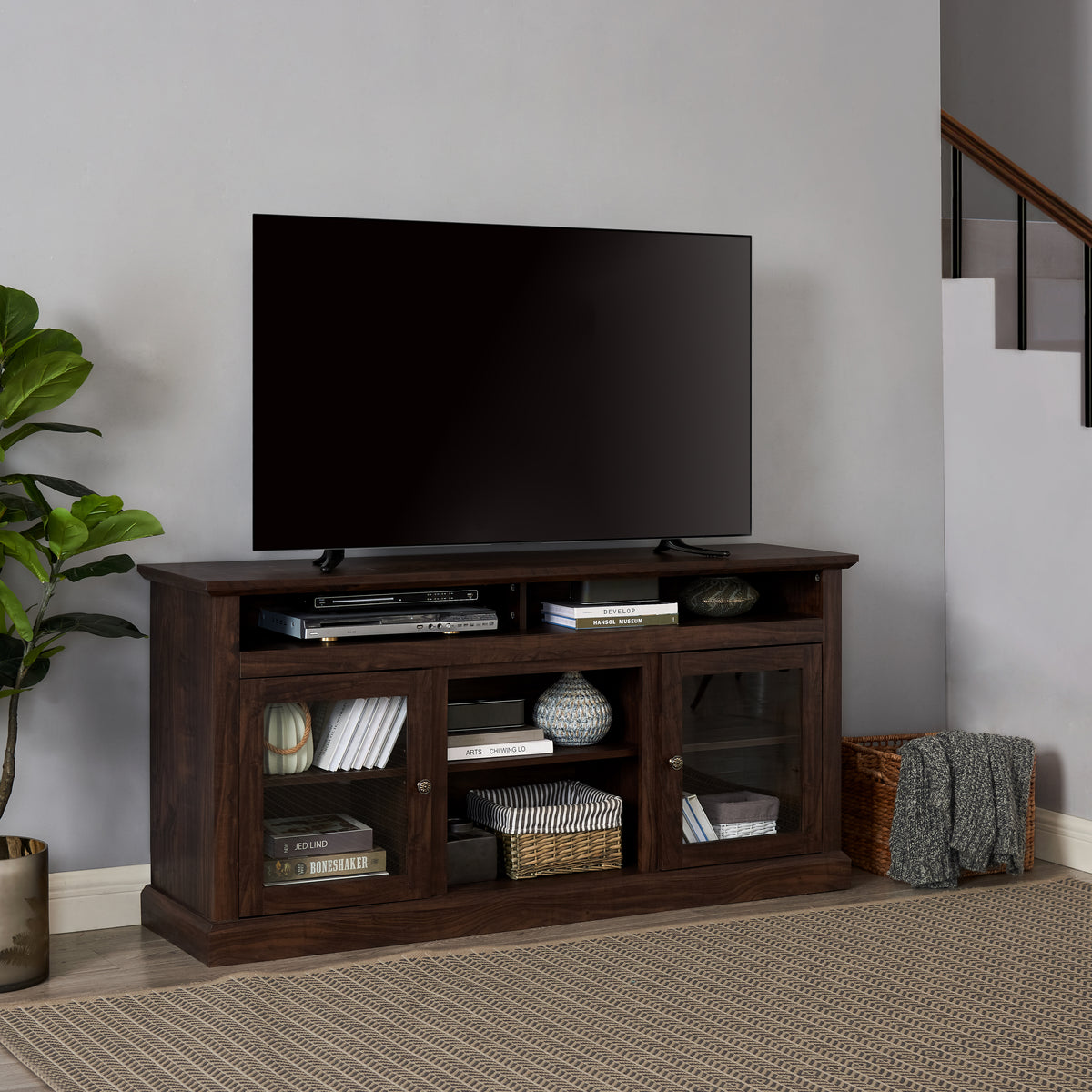 Anthony & Home Atelier Collection TV console for 65-inch TVs, brown minimalist entertainment cabinet with sleek design.