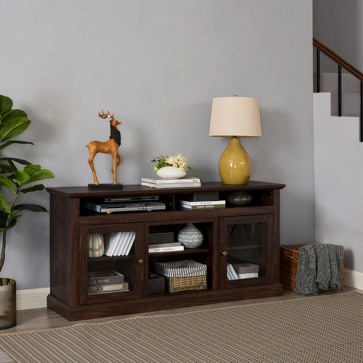 Anthony & Home Atelier Collection TV console for 65-inch TVs in brown finish with a minimalist design and sleek entertainment storage.