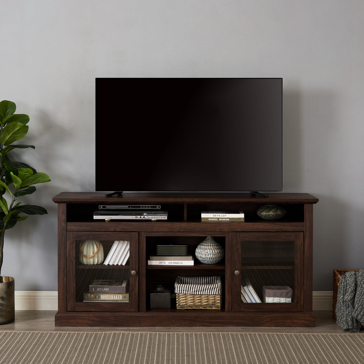Anthony & Home Atelier Collection TV console in brown finish for 65-inch TVs, minimalist entertainment cabinet with sleek design