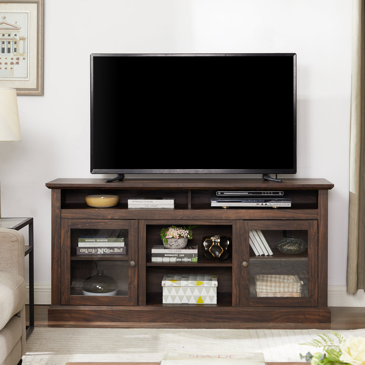Anthony & Home Atelier Collection TV console for 65-inch TVs in brown finish with a minimalist design and ample storage space.