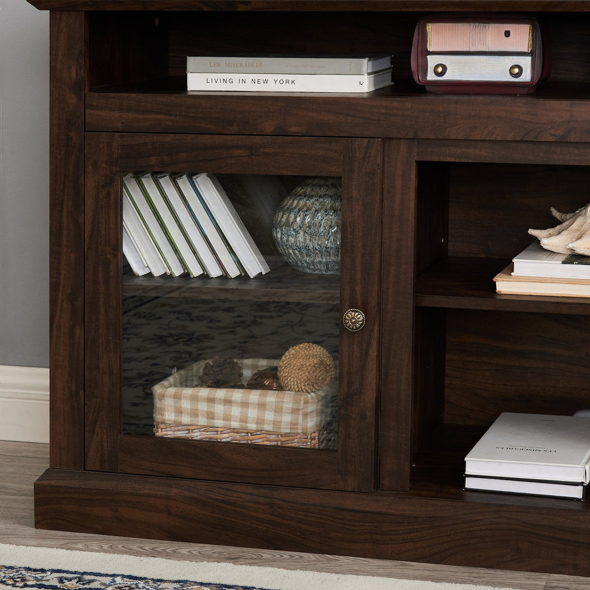 Anthony & Home Atelier Collection TV console in brown finish for 65-inch TVs, minimalist entertainment cabinet with sleek design.