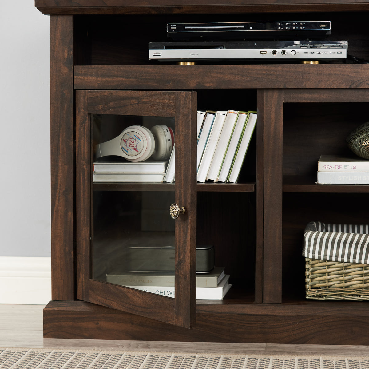Anthony & Home Atelier Collection TV console for 65-inch TVs, brown finish, minimalist entertainment cabinet with sleek storage spaces.