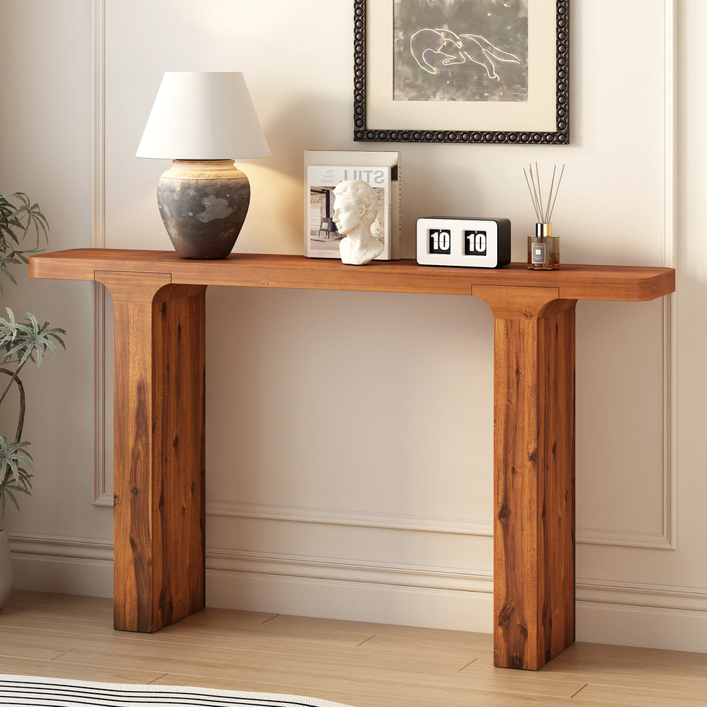 Anthony & Home Atelier console table in acacia veneer, 60-inch entryway table with square legs for hallways and entryways.