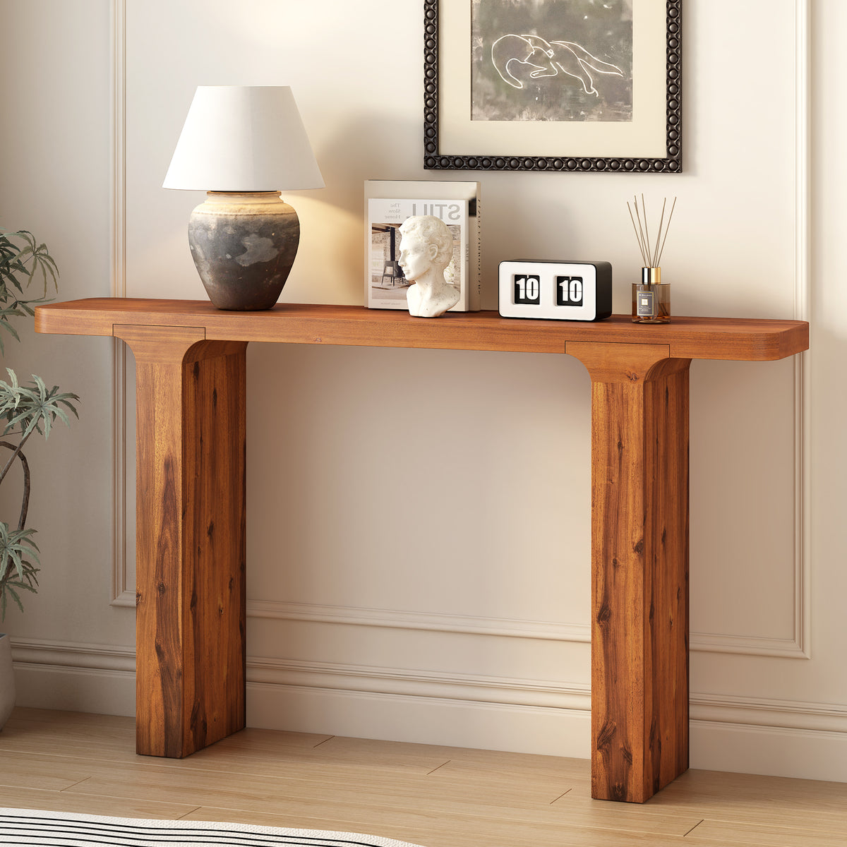 Anthony & Home Atelier console table in acacia veneer, 60-inch entryway table with square legs for hallways and entryways.