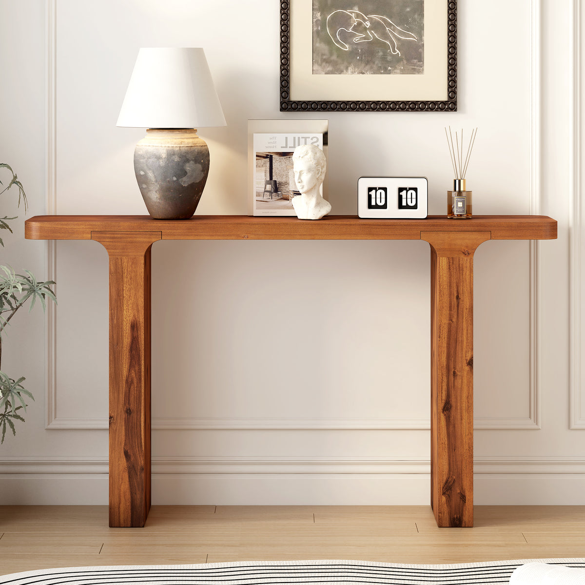 Anthony & Home Atelier console table in acacia veneer with square legs, 60-inch entryway table for hallways and entryways.