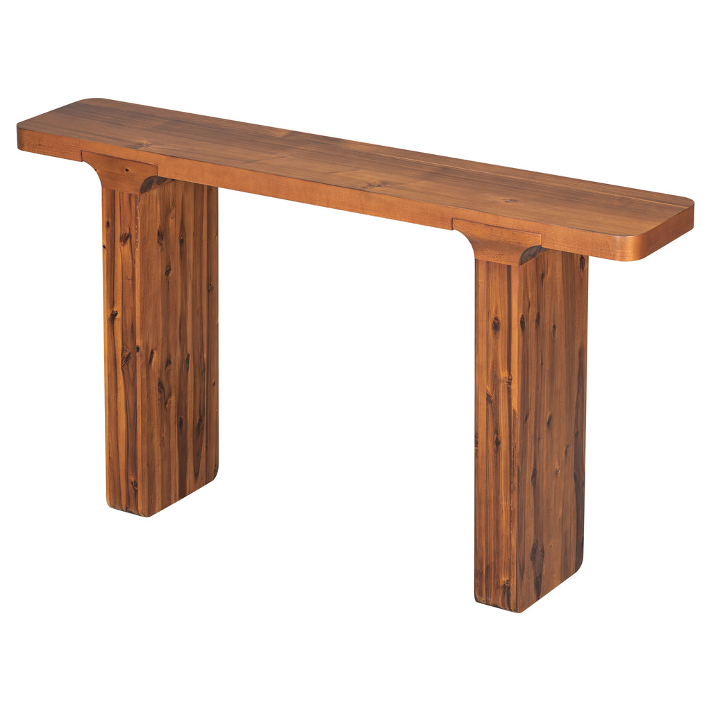 Anthony & Home Atelier console table in acacia veneer with square legs, 60-inch entryway table for hallways and entryways.
