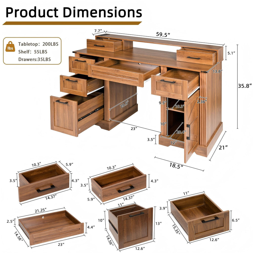 Anthony & Home Atelier dark walnut farmhouse office desk with barn door, monitor stand, and integrated charging station.