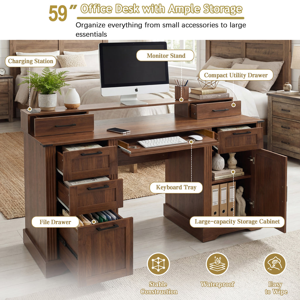 Anthony & Home dark walnut farmhouse office desk with barn door, built-in charging station, and monitor stand for workspace organization.