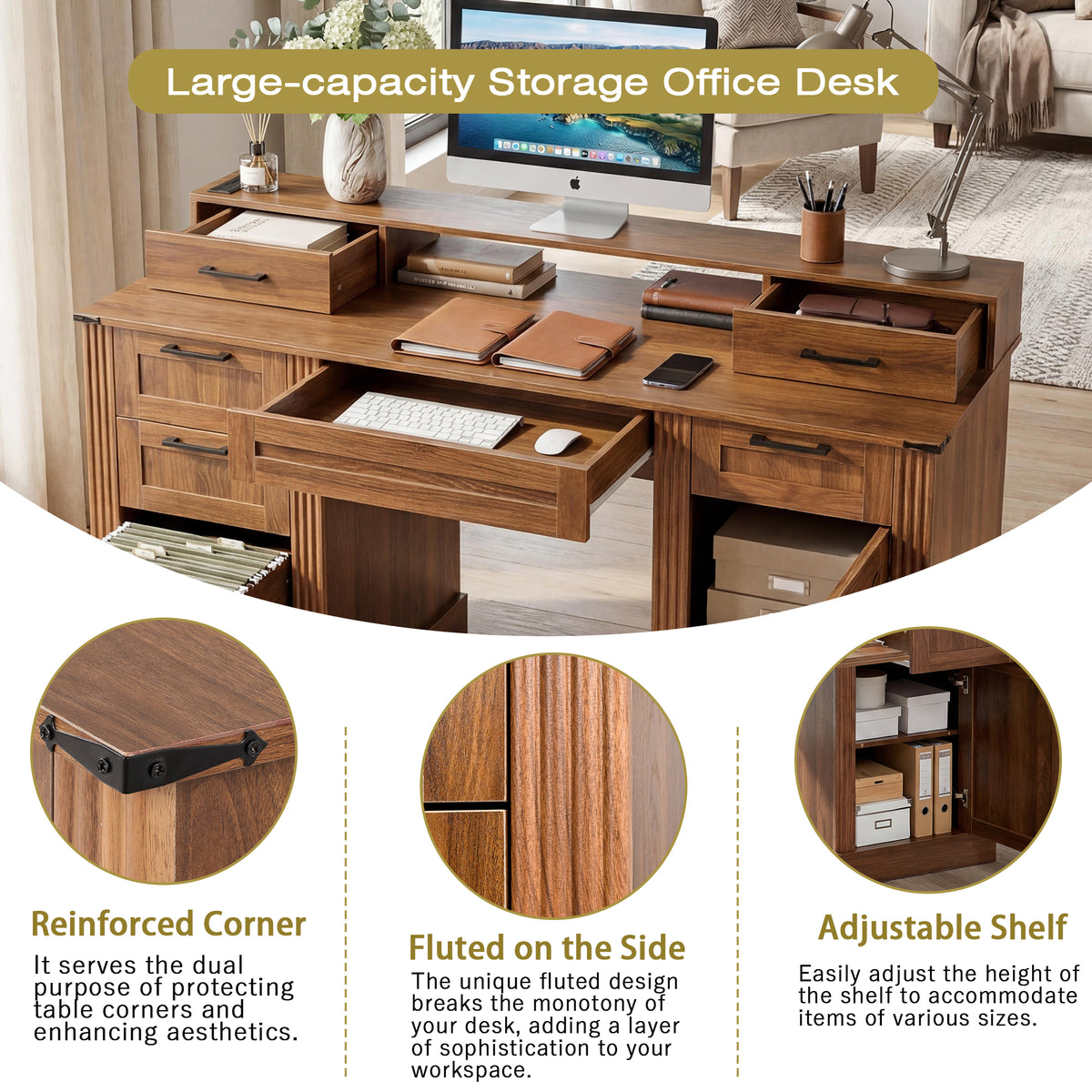 Anthony & Home Atelier dark walnut farmhouse office desk featuring barn door, monitor stand, and integrated charging station.