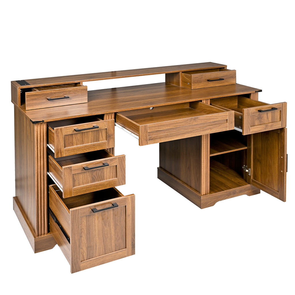 Anthony & Home Atelier Dark Walnut Farmhouse Office Desk with barn door, monitor stand, and built-in charging station in a home office setting.
