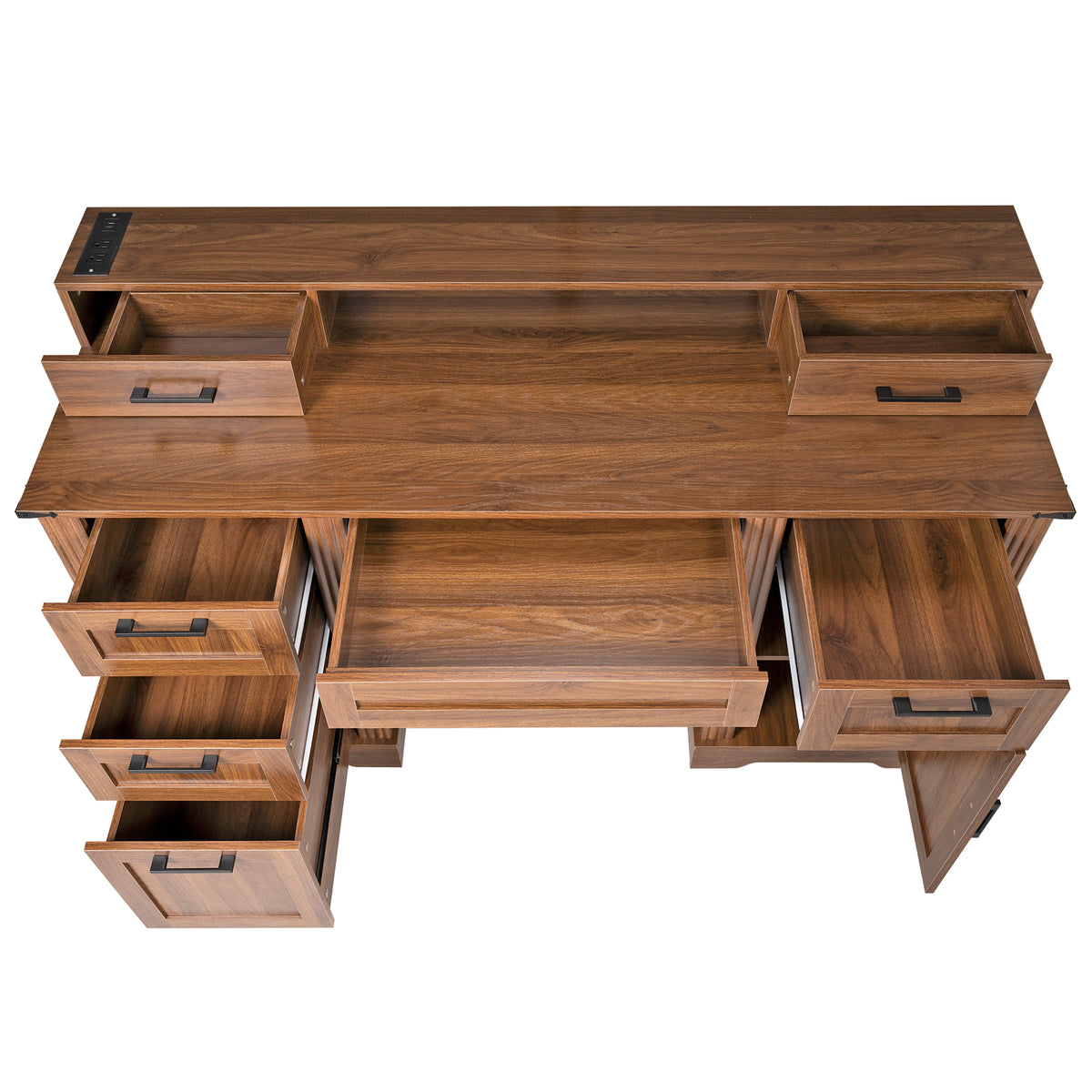Anthony & Home farmhouse office desk in dark walnut with barn door, monitor stand, and built-in charging station.