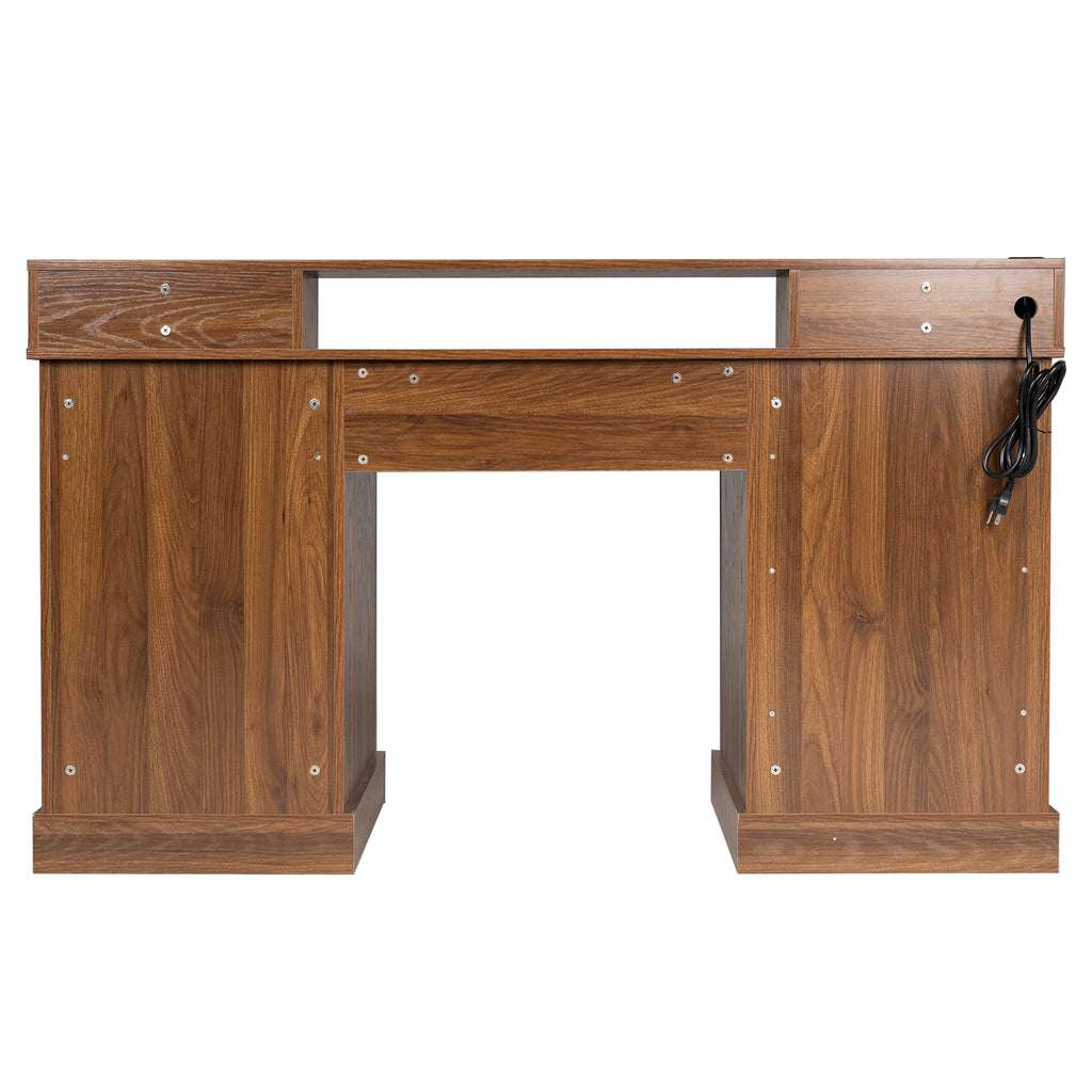 Anthony & Home Atelier dark walnut farmhouse office desk with barn door, monitor stand, and built-in charging station.